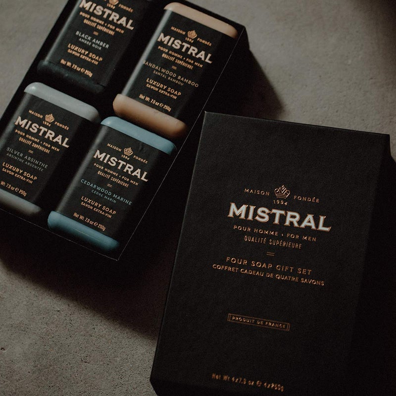 Mistral Menâ€™s Luxury Bar Soap for Men | Gift Set (4 x 8.8 oz) â€“ Grey Lavande, Cedarwood Marine, Teak Wood, Black Amber | Moisturizing, Triple-Milled Natural Soap for Men - Made in France - Image 3